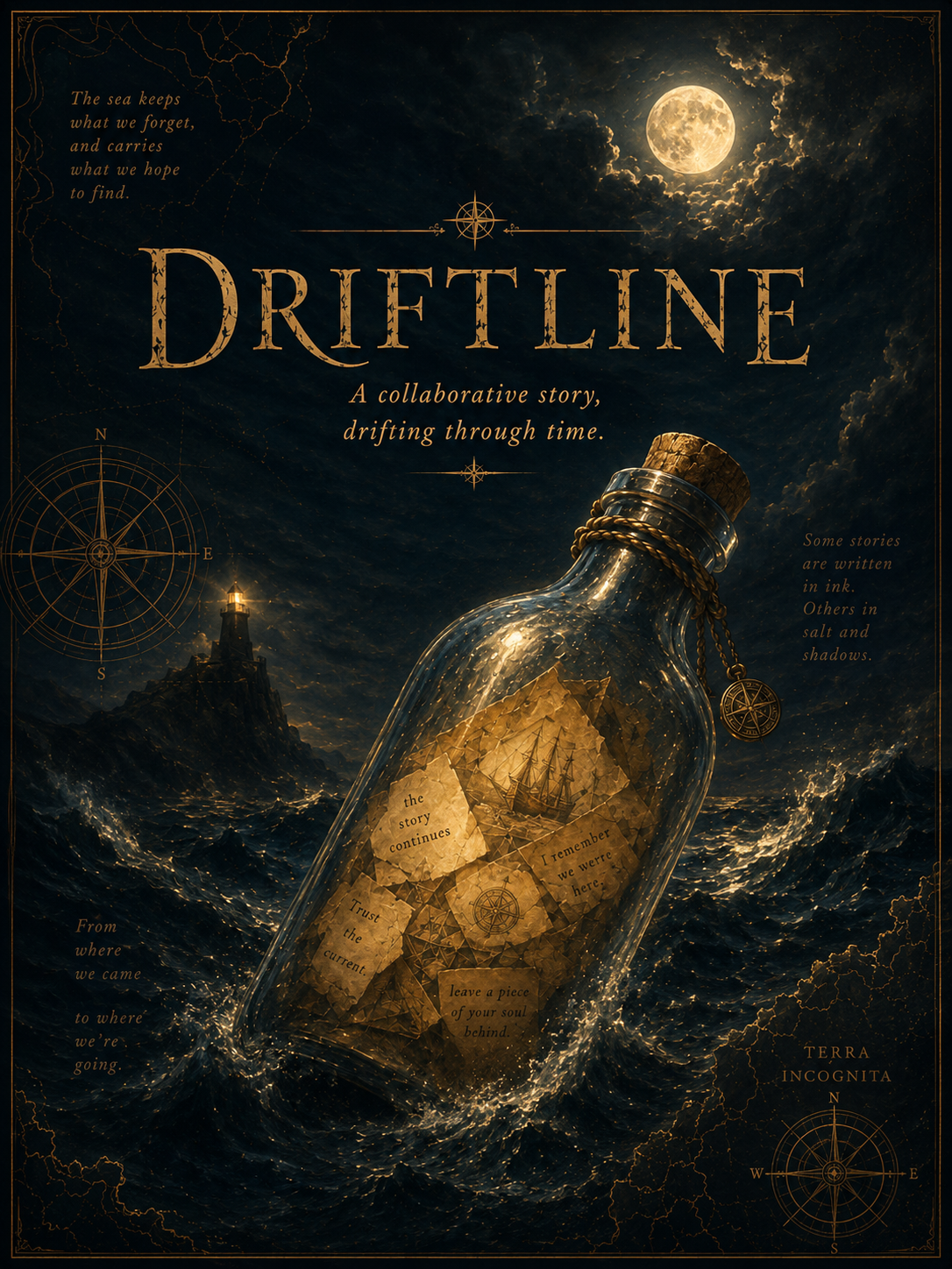 Driftline cover art with a message bottle drifting through moonlit water